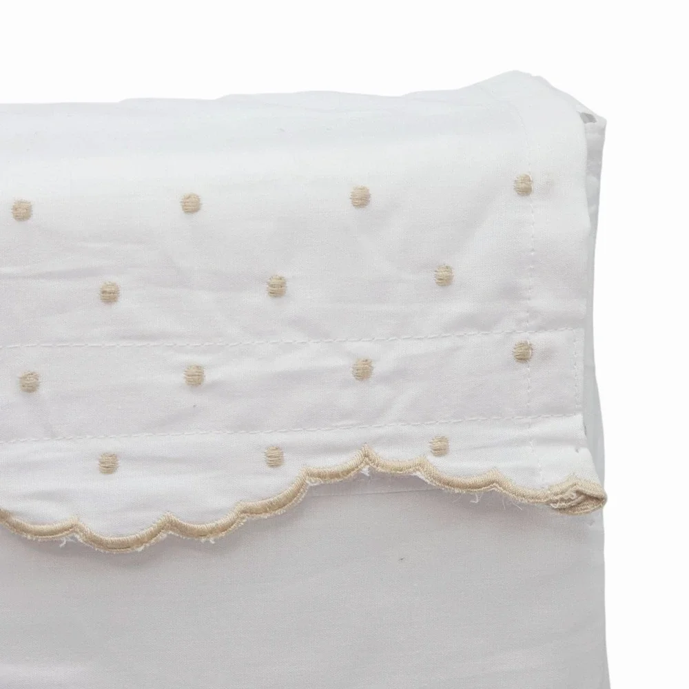 Shabby Chic 4pc White Cotton Queen Sheet Set Embroidered Scalloped Tan Polka Dot